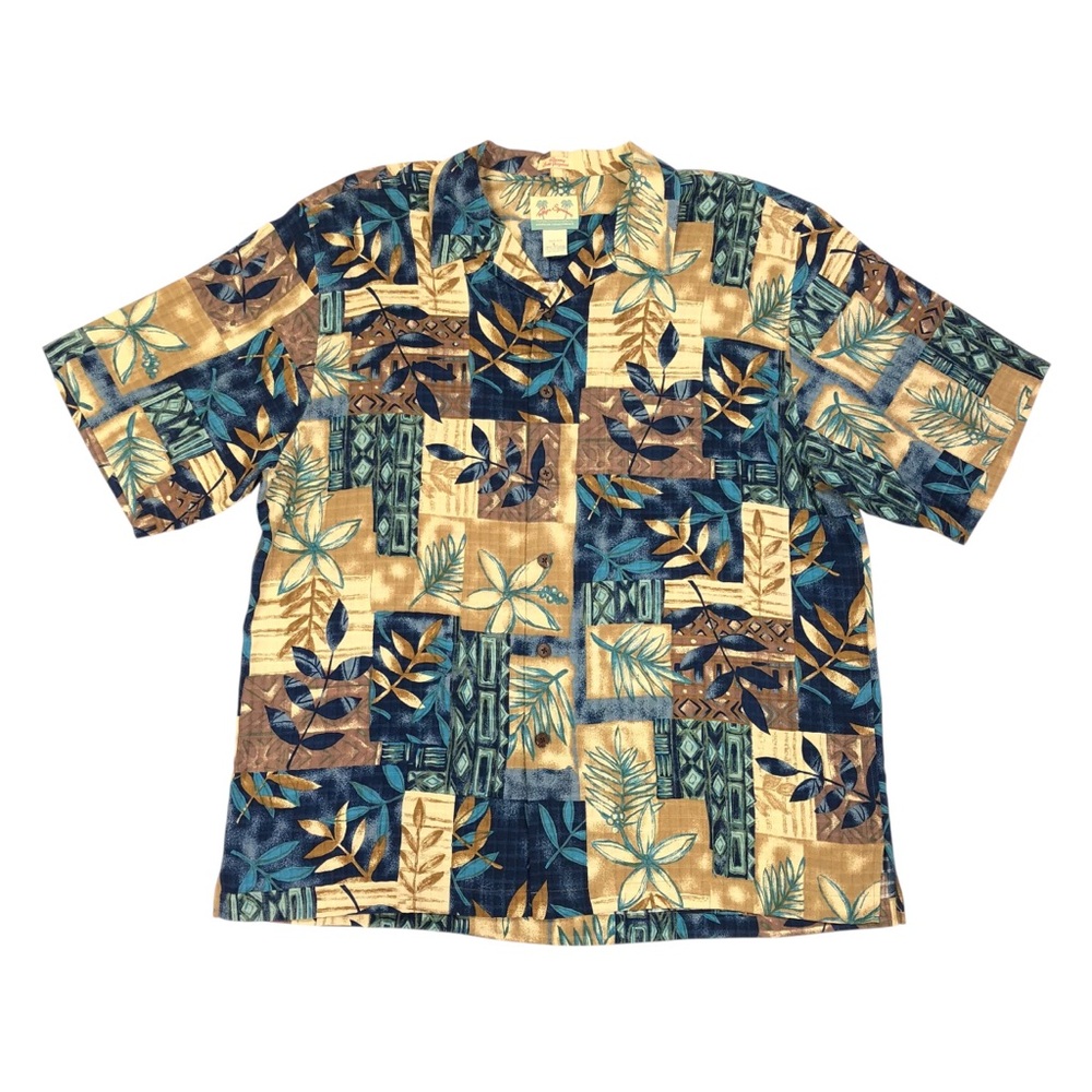 Reyn Spooner Regency Silk Jacquard Hawaiian Shirt Men's Large Blue Brown